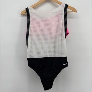 Nike Swimsuit Women L Pink White Black Excellent Mesh Layered Sports Bra Striped